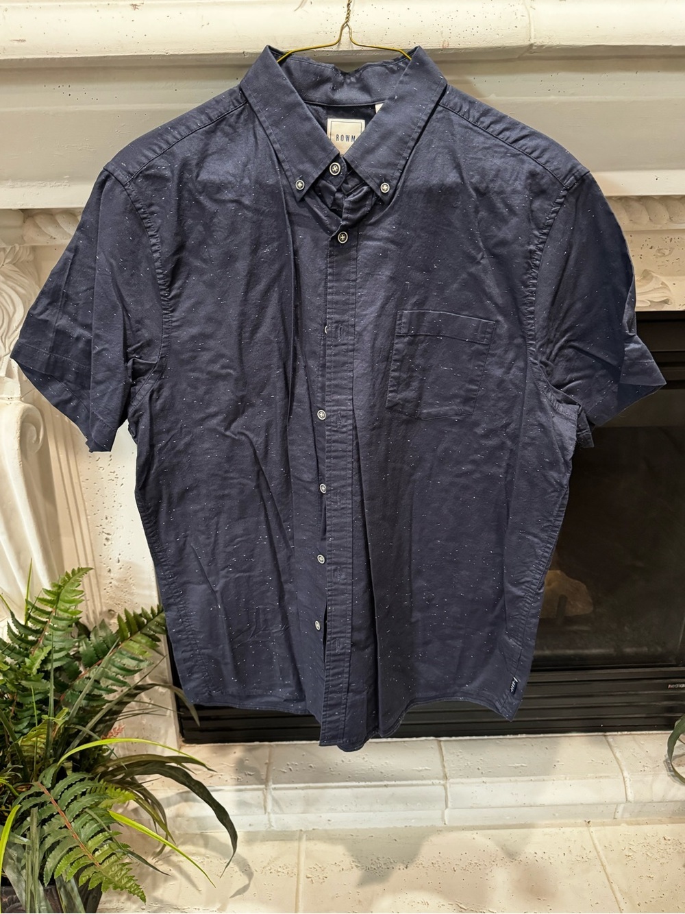 ROWM Short-Sleeve Navy Button-Down Shirt with Subtle Dot Texture
